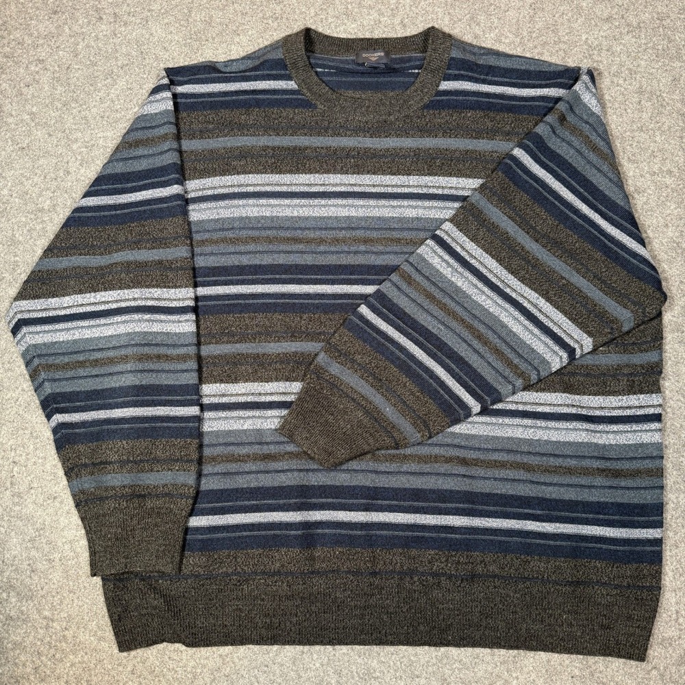 Dockers Mens 4XL Striped Crewneck Sweater Blue Gray Brown Acrylic Knit Pullover